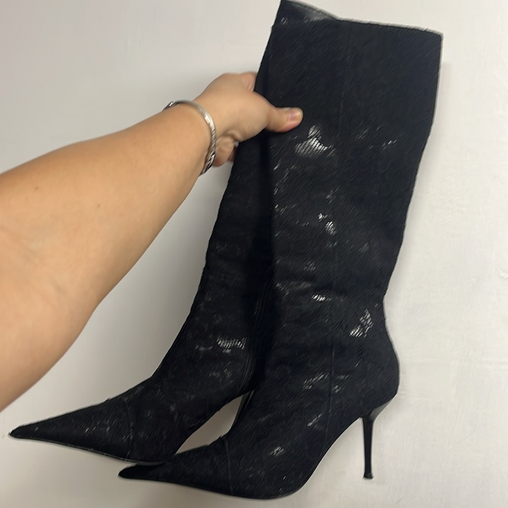 MADE IN ITALY Lace Pointy Stiletto Boots High Heel Shoes Bootie Sexy Knee Zip Up